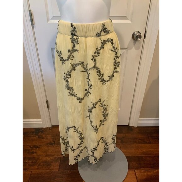 Ganni Light Yellow & Black Floral Pleated Georgette Maxi Skirt, Size XL (42) NWT - Picture 2 of 8